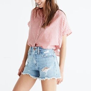 Madewell Pink and White Candy Stripe Tie-Back Batwing Blouse.